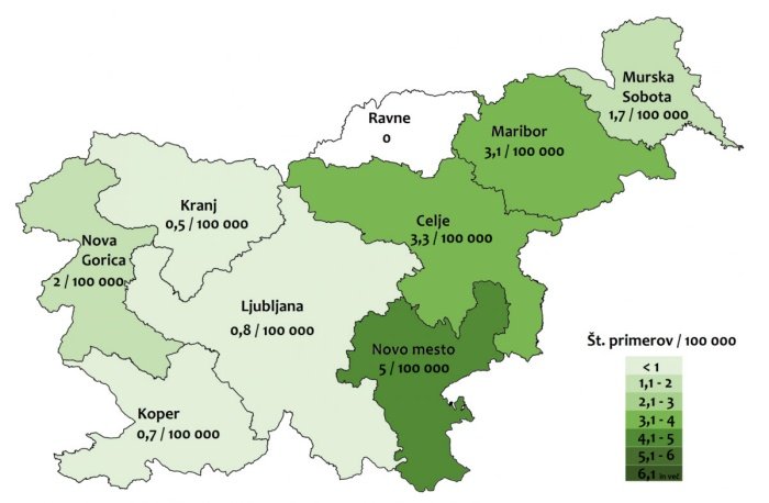 Incidenčne stopnje prijavljenih primerov mišje mrzlice po regijah Slovenije za obdobje od 1. januarja do 18. maja letos.