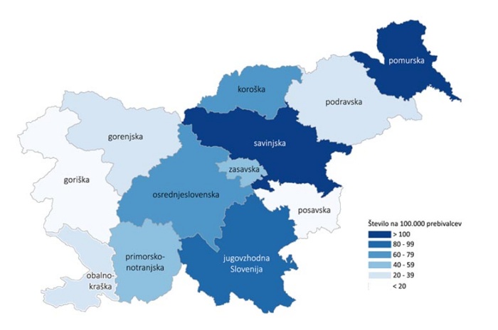 Razširjenost virusa po slovenskih regijah (Vir: NIJZ)