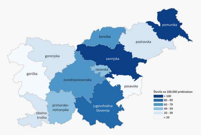Število potrjenih primerov COVID-19 na 100.000 prebivalcev po statističnih regijah bivanja do vključno 20. aprila (Vir: spletna stran NIJZ)