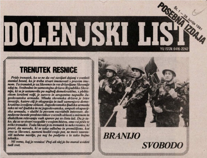 Naslovnica  posebne izdaje Dolenjskega lista , ki je izšla 28. junija 1991