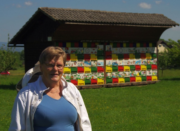 Jožica Premru iz Gruće pri Šentjerneju je zadovoljna, da ji je uspel umetniški podvig - poslikala je vseh 48 panjev čebelnjaka.