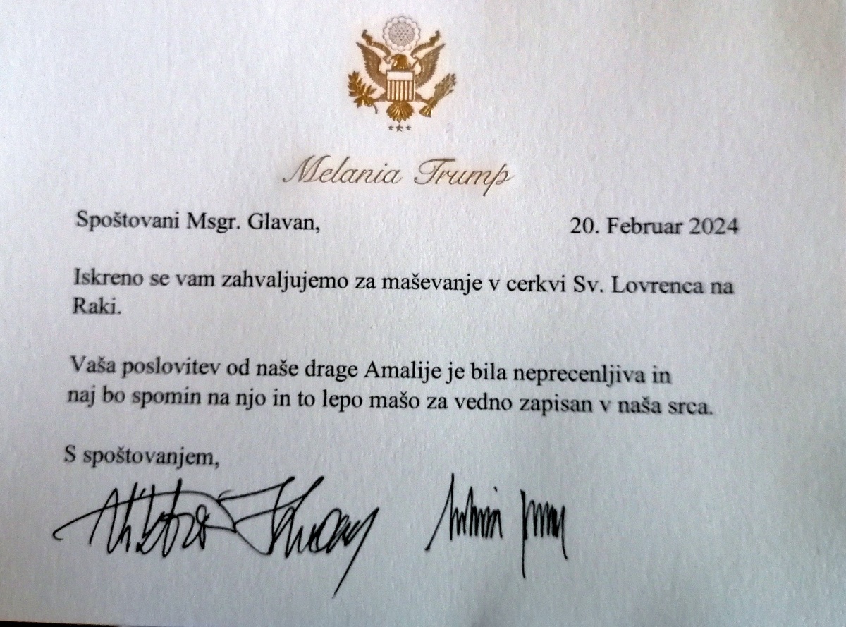 Pismo zahvale škofu Glavanu Melanie Trump in njenega očeta Viktorja Knavsa.