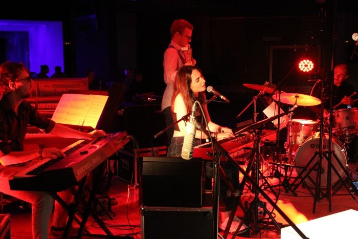 Na sinočnjem koncertu so ameriško pevko Alino Engibaryan spremljali pianist Marko Črnčec, umetniški vodja festivala Novomeščan basist Domen Bohte in bobnar Roberto Pistolesi. (Foto: I. Vidmar)